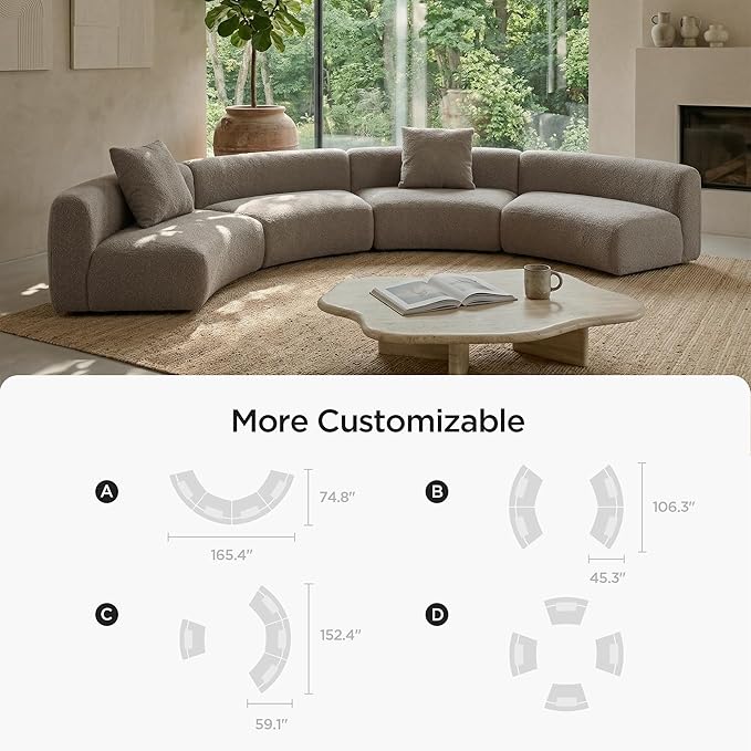 Acanva Modern Curved Sectional Living Room Couch, Minimalist Comfy Boucle Fabric Modular Sofa for Apartment, Home Office, Armless Chair, Light Coffee | Boucle Fabric, Modular, Minimalist, Comfy