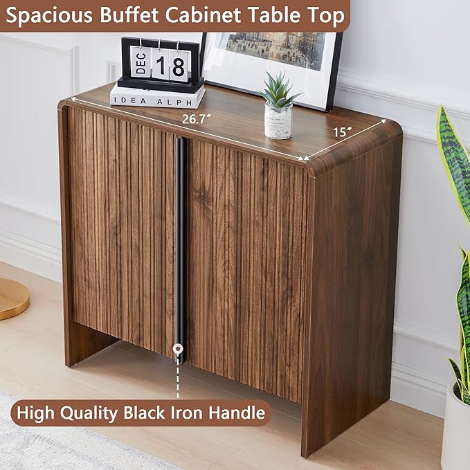Bifins 31.5” Fluted Sideboard Buffet Cabinet with Storage,Mid Century Modern Small Wood Storage Cabinet with Arched Profile for Dining Room Kitchen Living Room (Brown 1pc)