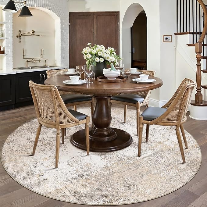 6x6 Washable Round Rug Beige Grey Abstract Non Slip Soft Low Pile Circle Rug for Living Room Bedroom Neutral Modern Indoor Carpet for Dining Room Office Entryway Home Decor