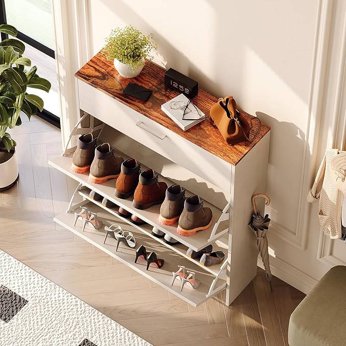 VINGLI Shoe Cabinet for Entryway, Farmhouse Slim Shoe Rack Storage with 3 Flip Drawers, Rustic Brown Top & Washed White Body, Narrow Hidden Shoe Organizer for Hallway, 9.5" Depth
