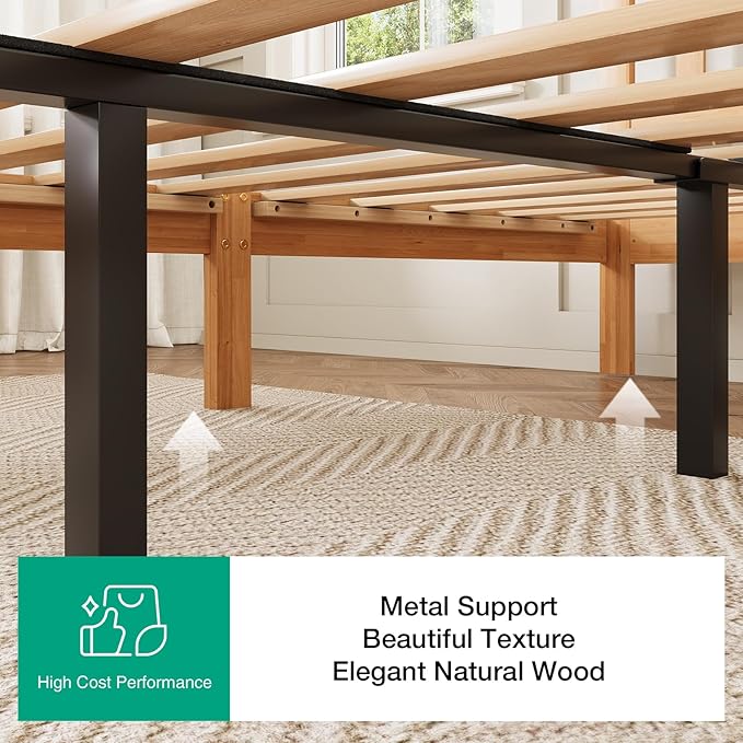 Novilla 12 Inch King Size Bed Frame Solid Wooden King Bed Frame and Headboard, King BedFrames with Classic Headboard, No Box Spring Needed, Easy Assembly, Natural Grain Wood