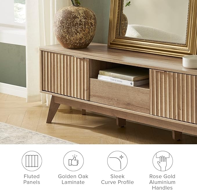 mopio Brooklyn Mid-Century Modern TV Stand, for TVs up to 50” / 59" Waveform Panel, Sleek Curved Profile with Adjustable Shelf and Sturdy Box Frame Leg (Golden Oak, 57")