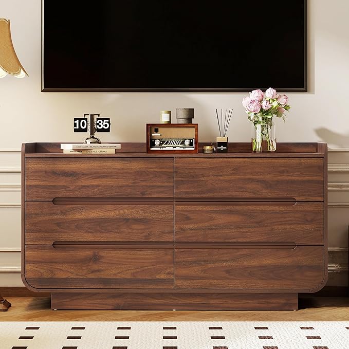 Curved 6 Drawer Dresser for Bedroom, Modern 53-Inch Chest of Drawers, Wood Storage Dresser Organizers with Hidden Handles, 6 Drawer Dressers for Bedroom, Nursery, Living Room, Walnut