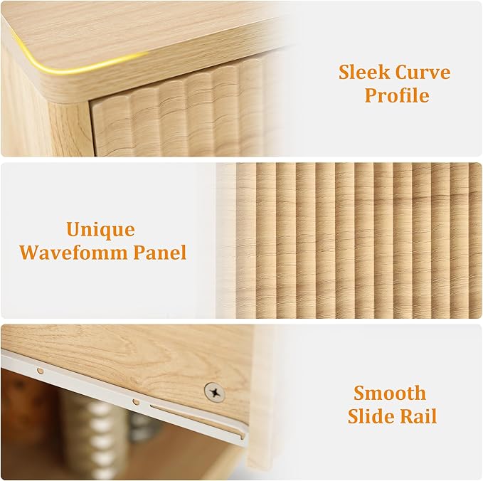 Nasonet Fluted Nightstand Charging Station,Wood Modern Night Stands Storage Cabinet for Bedroom,Oak Bedside Table with Drawers