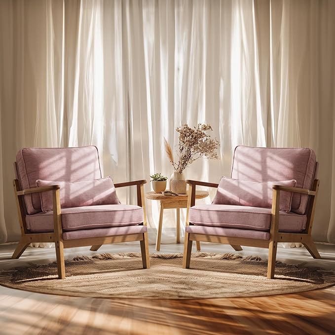 VINGLI Solid Wood Wide Armrests Accent Chair Set of 2,Upholstered Mid Century Modern Chair with Pillow,Farmhouse Arm Chair Comfy Chair,Chairs Living Room,Bedroom,Guest Room,Linen Fabric,Peachy Red