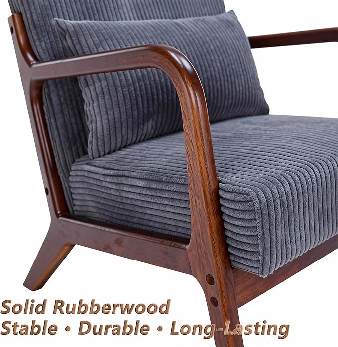 Mid Century Modern Accent Chair with Solid Rubber Wood Frame, Comfy Corduroy Reading Armchair with Lumbar Pillow, 350 LBS Heavy Duty Lounge Chair for Bedroom, Living Room & Small Spaces