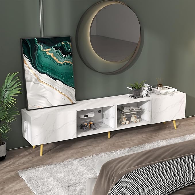 Bonzy Home 86" LED TV Stand, Modern Entertainment Center up to 75" TV, Television Console Table with Storage Cabinets for Living Room, White Marble