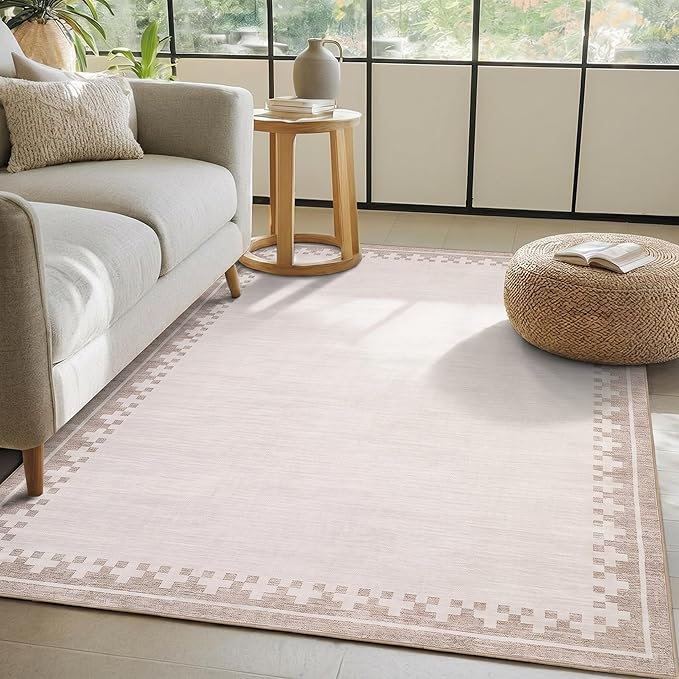 GarveeHome Washable Rug 4x6 for Living Room Entryway Nursery Modern Non Slip Low Pile Carpet Cross Bordered Neutral Indoor Area Rugs for Dining Room Kitchen Floor, Light Camel/Seashell