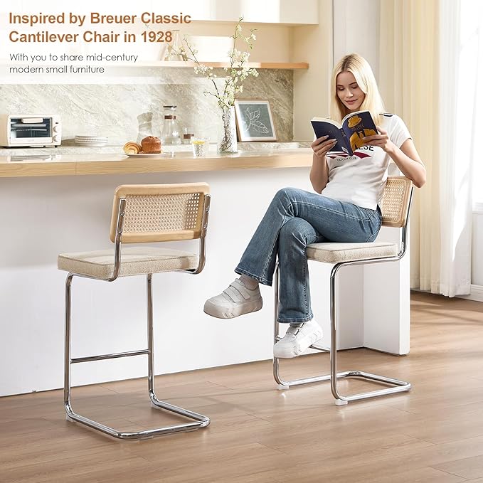 Zesthouse Rattan Counter Stools Set of 3, 26'' Mid Century Modern Bar Stool, Linen Fabric Counter Height Barstool with Solid Wood Back & Natural Cane Mesh, Boho Cantilever Island Chair Beige Yellowish