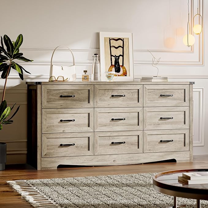 BORNOON 9-Drawer Dresser for Bedroom, Modern Wooden Chest of Drawers with Metal Handles, Anti-Tipping Design, Sturdy and Stable Storage Organizer for Living Room, Entryway, Home Office
