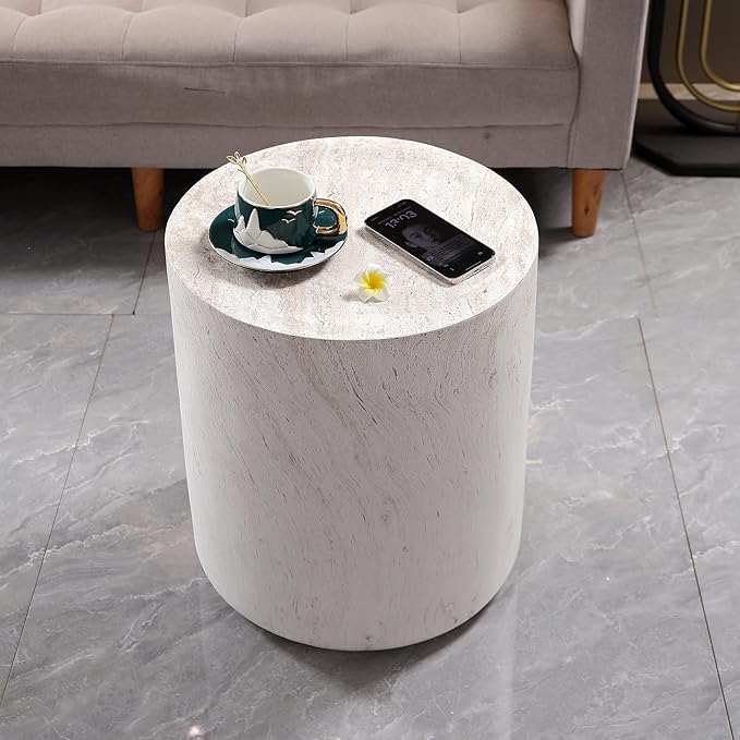 WILLIAMSPACE 15.75" Round End Table in Faux Marble, Modern Circle Drum Stone Side Table Travertine Small Coffee Table for Living Room, Outdoor, Magnesium Oxide, No Need Assembly, Light Beige