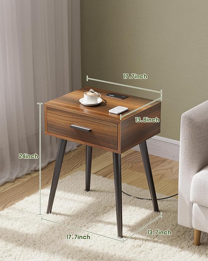 HAIOOU Nightstands Set of 2, Mid Century Modern Night Stand with Charging Station, End Table with Storage Drawer Premium Matte Black Handle,Side Table with Pine Wood Legs for Home Bedroom Living Room