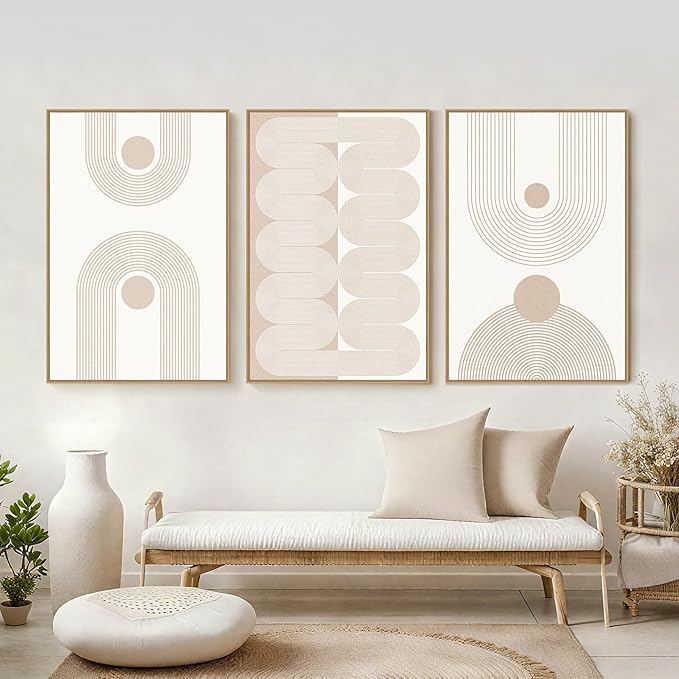 SAFERRYHOME Large Boho Abstract Wall Art Set of 3, Mid Century Neutral Framed Canvas Print Beige Modern Wall Decor, Geometric Line Artwork for Living Room Bedroom Office,Ready to Hang, 24"x36"