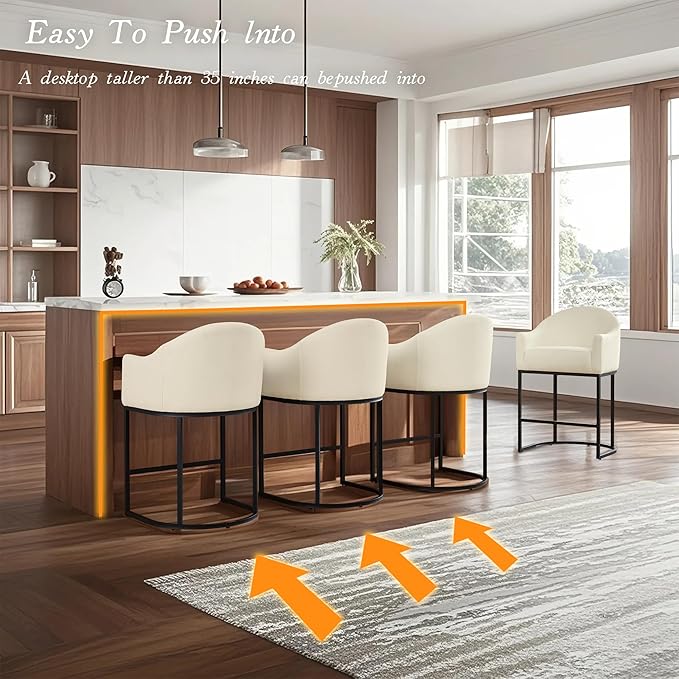 Counter Height Bar Stools Set of 3,Modern Counter Height Bar Stools,Fabric Upholstered Barrel Barstools with Backs,26'' Kitchen Island Chairs,Metal Black Frames,Off White Linen