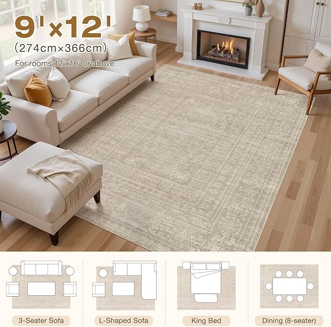 Nakagishi Area Rugs 9x12 Living Room: Washable Large Vintage Rug Neutral Non-Slip Soft Stain Resistant Indoor Carpet for Bedroom Nursery Dining Room Under Table Bed Home House Office Playroom - Brown