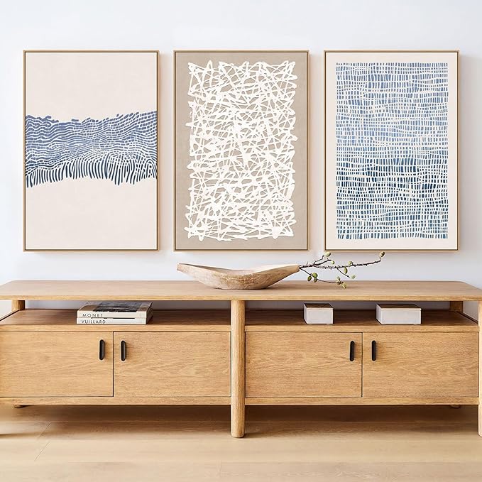 SAFERRYHOME Blue Neutral Contrast Abstract Boho Wall Art Framed Canvas Print Set, Mid Century Modern Minimalist Lines Geometric Pattern for Living Room, Bedroom, Office - 3 Panels 16x24 Inch