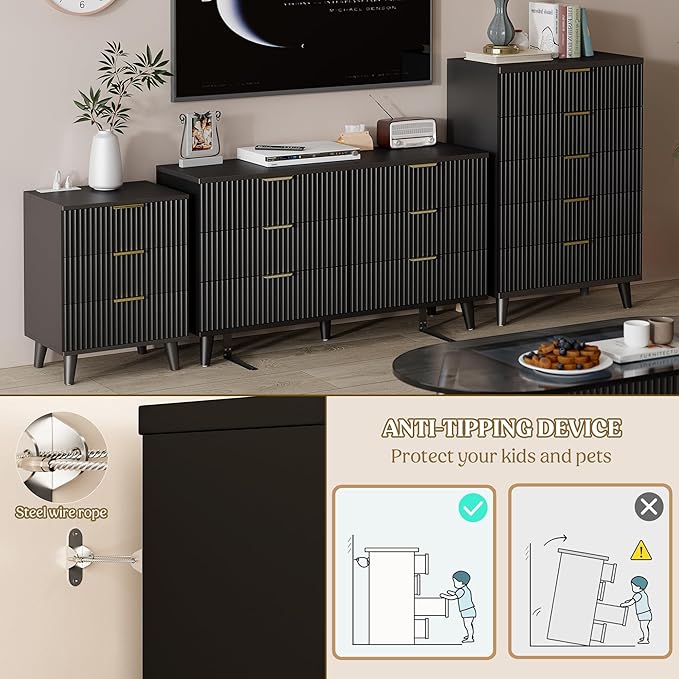 Lulive Modern Dresser and Nightstand Sets 3-Piece, 6-Drawer Dresser + 2 Nightstands Bedroom Sets with Solid Wood Legs (Black)
