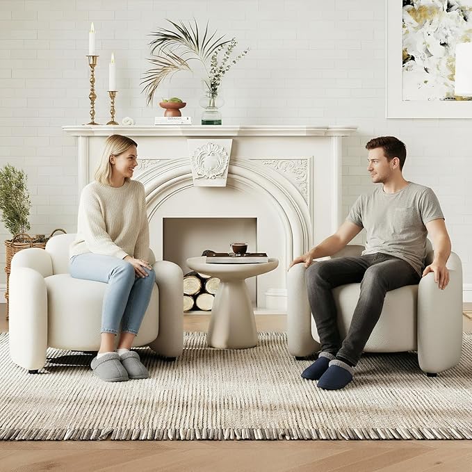 Hyfirm Mid-Century Modern White Accent Chairs, Set of 2 (Pair) Upholstered Barrel Side Chairs with Solid Wood Base, Scandinavian Comfortable Reading Seating for Living Room, Bedroom, Study, Apartment