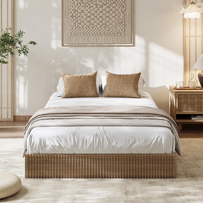 Garvee Twin Bed Frame, Wood Platform Bed with Fluted Design, Low Profile BedFrame, Minimalist Bed Base with Noise-Free, Easy Assembly, No Box Spring Needed, Walnut