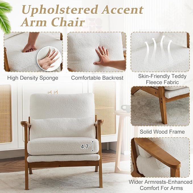 VINGLI Solid Wood Wide Armrests Accent Chair,Upholstered Mid Century Modern Chair with Pillow,Comfy Reading Chair Farmhouse Arm Chair,Chairs Living Room,Bedroom,Guest Room,Teddy Fleece,White