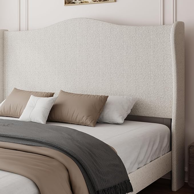 King Bed Frame with Extra Tall 55.5" Wingback Headboard, White Boucle Upholstered Platform Bed Frame, Modern Cloud Bed, Noise-Free, Metal Slats Support, No Box Spring Needed