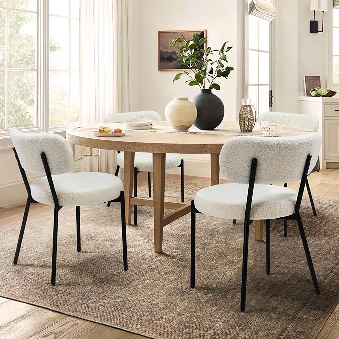 Murago Dining Chairs Set of 2, Boucle Comfortable Upholstered Seat Fabric with Curved Backrest, Mid Century Modern Contemporary Scandinavian Designer Chairs Ideal for Dining Room, Kitchen, White