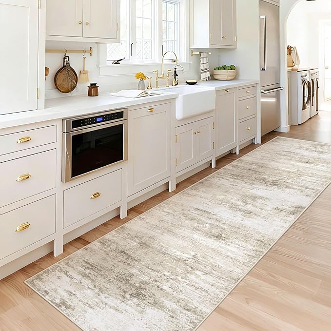 Washable 2x8 Runner Rug for Hallway: Kitchen Runner Non Slip Neutral Soft Abstract Modern Low Pile Stain Resistant Carpet Runner for Entryway Bedroom Bathroom Laundry Indoor Floor (Beige, 2'x8')