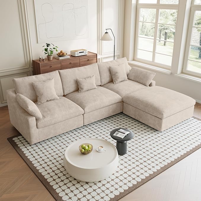 Modular Sectional Sofa Cloud Couch, 119.29" L Shaped Couch with Chaise Ottoman, Linen Blend Fabric Minimalist Deep Seat Sectional Couches for Living Room, Khaki Sofa Covers Washable&Removable
