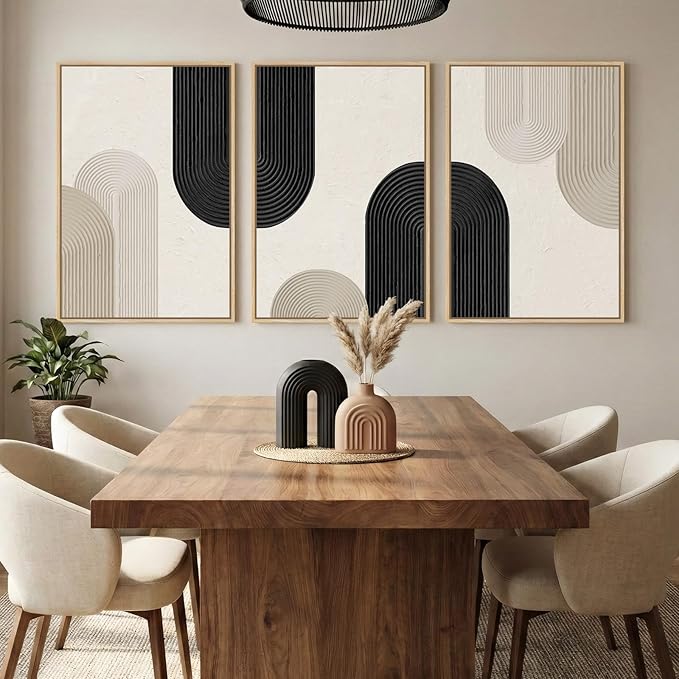 Large Framed Boho Neutral Abstract Wall Art for Living Room, 3 Piece Black and Beige Canvas Prints Artwork for Walls, Modern Minimalist Geometric Wall Decor for Bedroom Dining Room Hallway, 24x36 In
