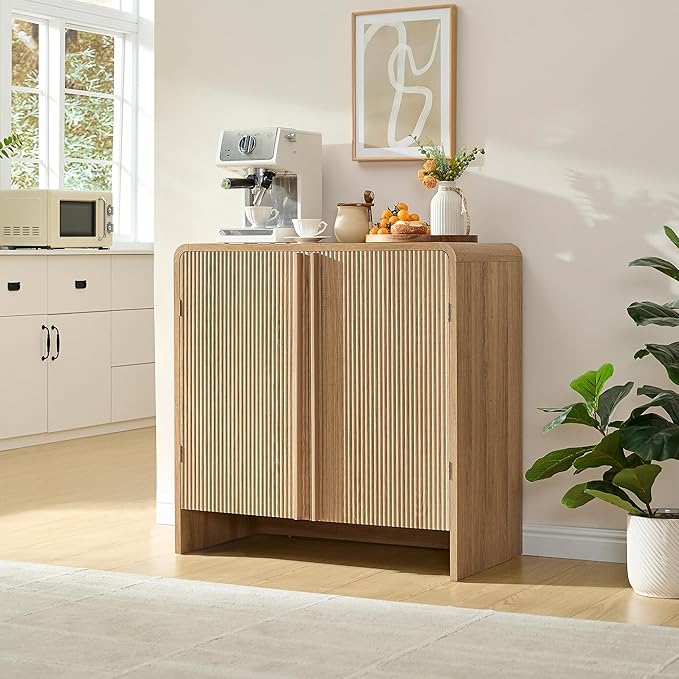 AMERLIFE 3-Piece Fluted Buffet Cabinet with Storage, Modern Sideboard Cabinet with Doors & Adjustable Shelf, Console Table & Credenza for Living Room, Kitchen & Entryway, Natural Oak