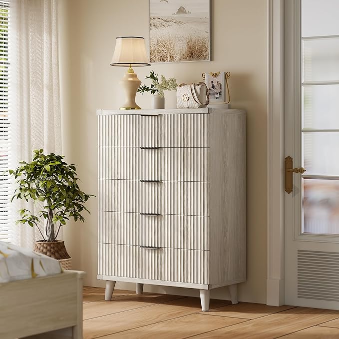Lulive Dresser for Bedroom Wood Tall Dressers Drawers, Fluted Modern Dresser 5 Drawers (White Oak)