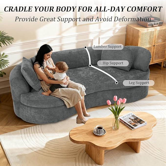 95” Modern Curved Sofa, Chenille Fabric Comfy Cloud Couch, No Assembly Required Half Moon Couch with Deep Seat, 4 Pillows for Living Room, Apartment, Bedroom