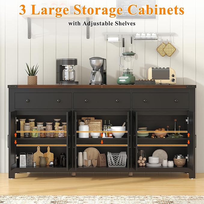 VVFLU 71" Large Sideboard Buffet Cabinet with Storage, Farmhouse Coffee Bar with 3 Drawers and 6 Barn Doors, Long Wider Storage Cabinet, for Kitchen, Dining Room, Living Room, Black Wood