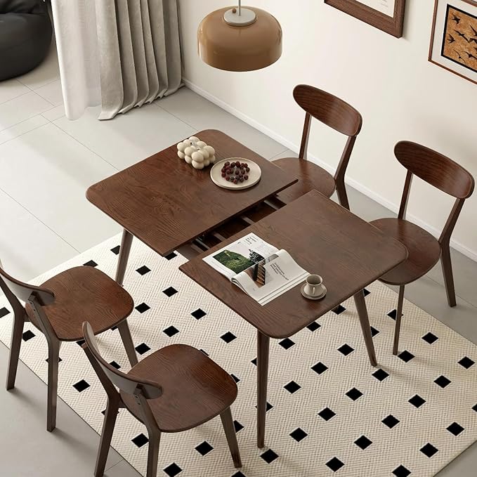 39’’-55’’ 100% Oak Extendable Dining Table and Chairs Set for 4, Solid Wood Folding Kitchen Table, Mid Century Modern Dinner Table for Kitchen, Apartment, Living Room (39''-55'' + 4 Chairs)