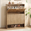 Hootata 31.5''W Oak Shoe Storage Cabinet for Entryway with 2 Flip Drawers, Narrow Wood Fluted Shoe Rack Cabinet,Freestanding Slim Shoe Organizer Cabinet for Foyer, Hallway