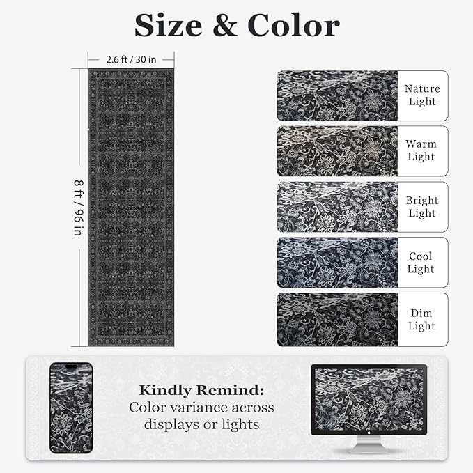 Dark 2'6''x8' Kitchen Runner Rug, Vintage Farmhouse Carpet Runners for Hallway 8ft Non Slip Washable, Low Pile Thin Entryway Runner Rug Indoor Foyer Mudroom Bathroom Bedroom, Midnight