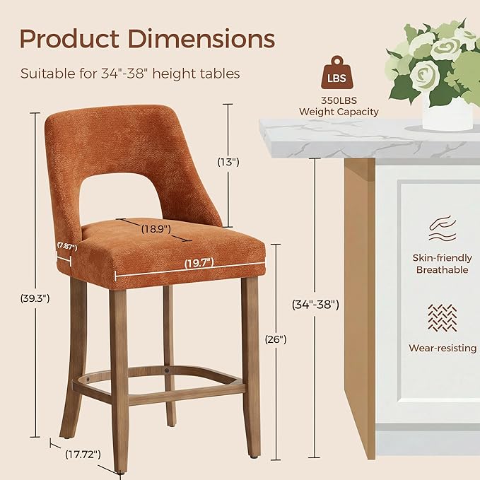 UVV Bar Stools Set of 4, Upholstered Counter Height Bar Stools, Modern Counter Stools with Wood Legs for Kitchen Island Dining Room Bar, Orange