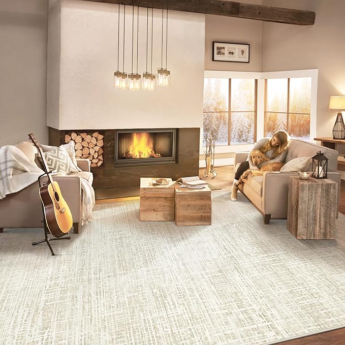 8x10 Area Rugs Washable Rug, Abstract Living Room Rug Large Neutral Modern Area Rug Soft Non Slip Low Pile Stain Resistant Indoor Carpet for Bedroom Nursery Kids Dining Room Office(Beige, 8'x10')