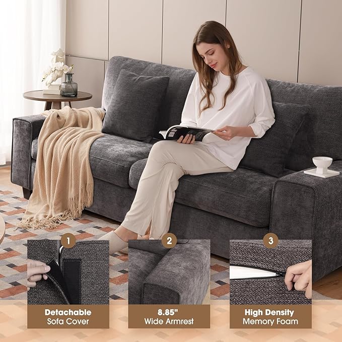 DOPEDIO Modern Living Room Sofa Set, 71.25" Chenille Loveseat with 2 Accent Chairs, Removable Covers, Spring Cushions, Solid Wood Frame, Easy Assembly（71.25inch+2 Single,Dark Grey）