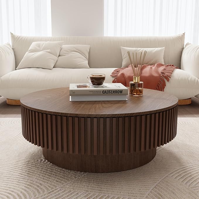 39.37'' Round Coffee Table with Storage, Modern Fluted Circle Coffee Table Unique Drum Low Center Tea Table with Solid Wood Veneered for Living Room Small Space, Mesas De Centro para Sala, Walnut