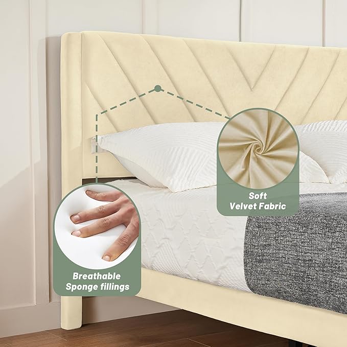 Queen Bed Frame with Headboard, Bed Frame Queen Size with Sturdy Wooden Slats Support, Platform Bed Frame with Velvet Upholstered Headboard, Mattress Foundation, Easy Assembly, No Box Spring Needed