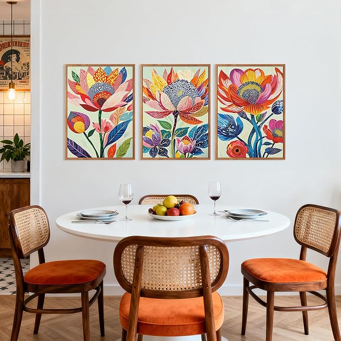 HPINUB Abstract Botanical Floral Framed Canvas Wall Art Set,(Set of 3,12X16 Inch) Colorful Dot Art Modern Flower Wall Decor,Vibrant Blooming Flowers Artwork Boho Art Print for Living Room,Bedroom