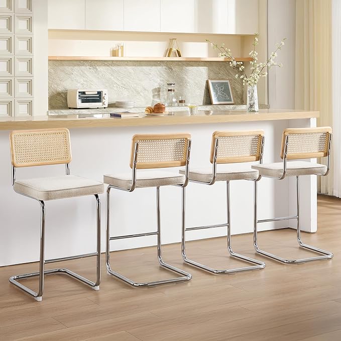 Zesthouse Natural Rattan Counter Stools Set of 4, 26" Modern Counter Height Barstools, Thick Linen Bar Stools with Solid Wood Back, Mid Century Cantilever Bar Chairs for Kitchen Island Beige Yellowish