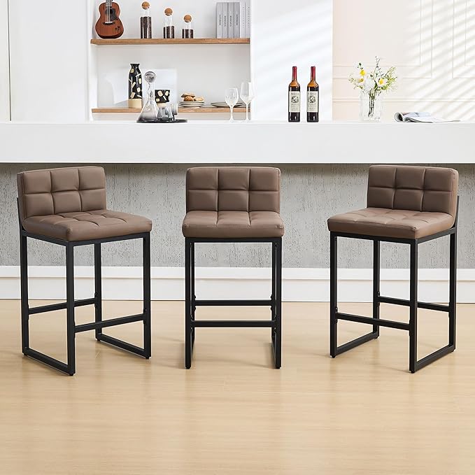 FIRAVOE Bar Stools Set of 3, Upholstered PU Leather Counter Height Barstools with Low Back and Thickened Metal Legs, Modern Chairs for Kitchen Island, Bar (Coffee Brown, 3Pcs 26" Counter Stools)