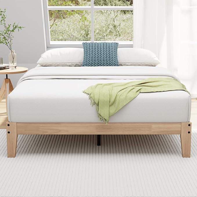Awesofurni Queen Bed Frame, 12 Inch Solid Wood Platform Bed with Wooden Slats, Natural Finish Wood Bed Frame No Box Spring Needed, Noise Free - Easy Assembly