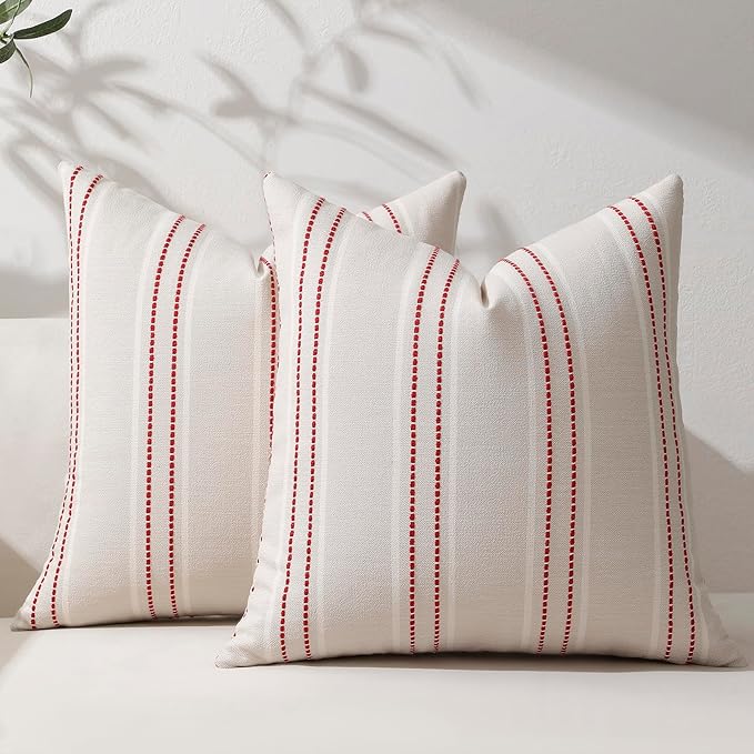 Hckot Christmas Pillow Covers 18x18 Set of 2 Red Striped Throw Pillow Covers Linen Decorative Pillows Square Cushion Covers for Sofa Couch Bed Living Room Xmas Winter Decorations(Red)