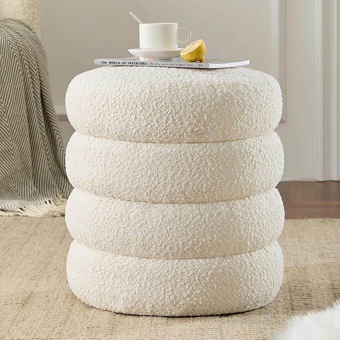 Krcix Round Ottoman with Storage Boucle Ottoman Stool with Storage Removable Lid for Living Room Modern Vanity Sorage Stool Foot Rest Bedroom Dorm Gift Set of 1 (White)