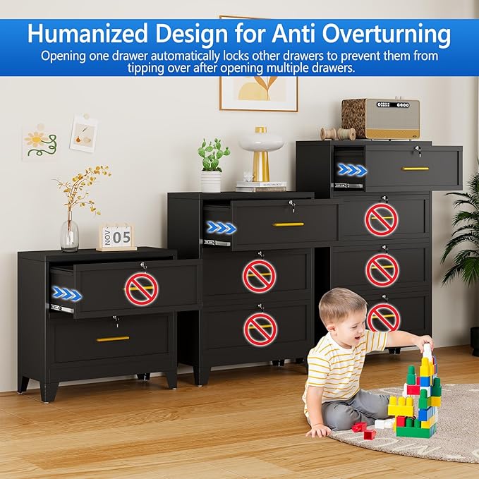 Metal Lateral File Cabinet with Lock,2 Drawer Steel Wide Filing Organization Storage Cabinets,Filing Cabinet for Legal/Letter/A4/F4 Size with Hanging Files&Key,Lockable Cabinet for Home Office