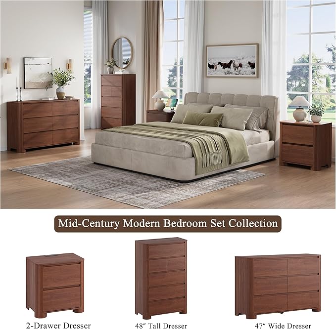 Walnut Nightstands Set of 2 with Charging Station, 23.6" Modern Night Stand with Unique Thickened Foot and 2 Storage Drawers, Bedside Table with Rounded Corner Design for Bedroom