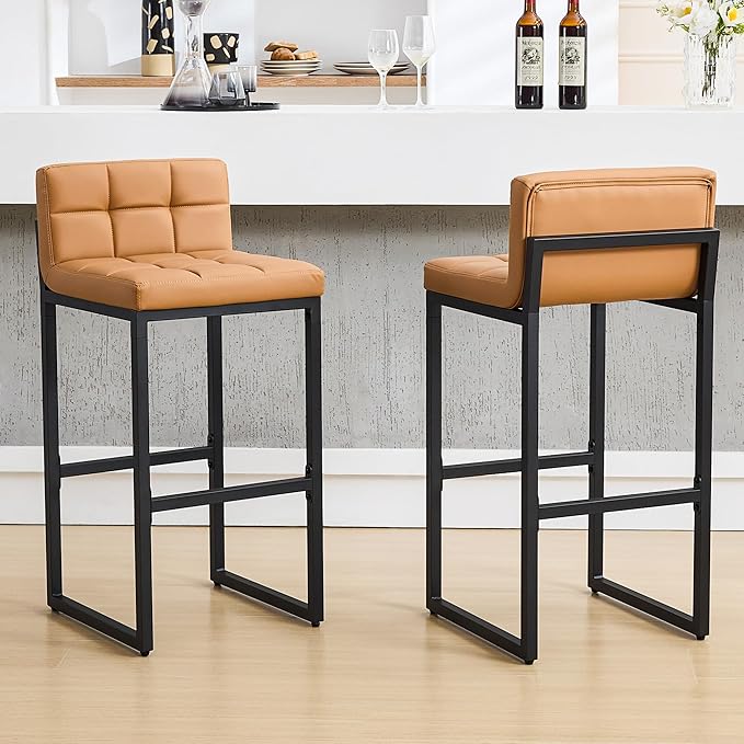 FIRAVOE Bar Height Bar Stools Set of 2, Tall Counter Stool Barstools with Back, 30-inch Seat Height Island Stools Comfortable Bar Chairs for Kitchen Island (Caramel Brown, 2Pcs 30" Bar Stools)